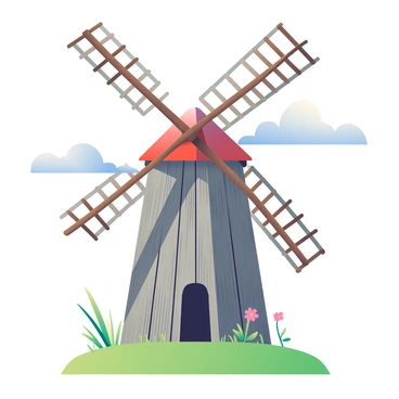 An old windmill with weathered wooden blades is situated on a grassy hilltop. The windmill's structure is made of aged timber, showcasing a rustic charm with peeling paint. The blades of the windmill are slowly rotating, casting long shadows on the ground below. Tall grass is swaying gently in the breeze, and a few wildflowers are scattered around the base of the windmill. The sky above is a soft blue with fluffy white clouds drifting by. The scene captures a sense of age and history as the windmill creaks softly, resonating with the sound of the wind.