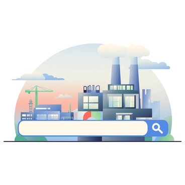 A search bar is prominently displayed at the center of the image. Behind the search bar, there is an industrial landscape featuring tall factories with smokestacks emitting white smoke into the sky. The factories are detailed with large windows and metal structures. In the background, there are cranes and warehouses, along with a network of pipes and conveyors that weave through the scene. The sky above is a gradient of blue transitioning to a soft orange at the horizon, indicating early evening. The search bar itself is sleek with a simple design, and it features a magnifying glass icon on the right side.