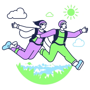 Two skydivers in tandem free-falling, capturing the rush of wind against their faces.