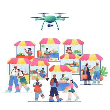 A drone with four propellers is flying high above a bustling outdoor market. Below, there are numerous vendor stalls, each adorned with colorful awnings in shades of red, blue, and yellow. People of various ethnicities are walking between the stalls, carrying shopping bags filled with fresh produce and handmade crafts. Some vendors are showcasing their goods, including fruits, vegetables, and handmade jewelry, while others are preparing food at sizzling grills. The atmosphere is lively, with children playing nearby and laughter filling the air. Bright sunlight casts cheerful shadows over the scene.