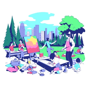 A group of artists is arranging a large public art installation in a busy Atlanta park. Two artists are painting a large canvas with vibrant colors, while another artist is carefully assembling a series of metallic sculptures. Families and children are enjoying the park, with some sitting on benches and others playing on the grass nearby. In the background, tall trees provide shade, and the skyline of Atlanta is visible, adding to the lively atmosphere. The artists collaborate, exchanging ideas and laughter as they work on their installation.