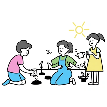 A group of three kids is kneeling in a garden, each holding small packets of seeds. One child, wearing a red shirt and blue shorts, is pouring seeds into a small hole they dug in the soil. Another child, dressed in a green shirt and overalls, is carefully covering the seeds with dirt using a small shovel. The third child, wearing a yellow dress with a floral pattern, is observing closely and smiling, holding a watering can. Sunlight shines down on them, illuminating the greenery around them. The garden has rows of freshly turned soil ready for planting.