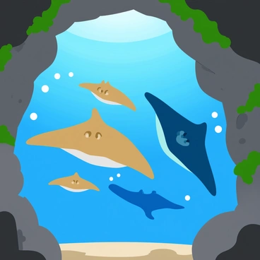 A school of stingrays with smooth, flat bodies and long, trailing tails glides gracefully out of a mysterious ocean cave. The cave entrance is framed by rugged, gray rocks with patches of vibrant green seaweed clinging to them. Sunlight filters down from above, casting dappled light across the scene and illuminating the water’s surface. The rays swim in a formation, their colors ranging from light tan to deep blue, creating a striking contrast against the dark interior of the cave. Bubbles trail behind them as they move, adding a sense of fluid motion to the underwater environment.