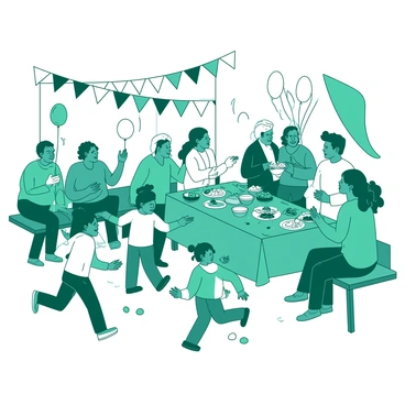 A teal and white scene depicts a joyful community gathering after an Easter service. In the center, a group of diverse adults and children are mingling, exchanging warm smiles and laughter. Some individuals are holding colorful Easter eggs, while others share food along a long table set with various dishes. Children are playing nearby, some running with white balloons in hand, while a few elderly individuals sit comfortably on benches, engaging in conversation. Vibrant decorations, such as teal and white banners, adorn the background, adding to the festive atmosphere.