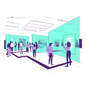 A digital art gallery with holographic displays showcasing trending hashtag art pieces