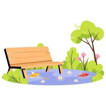 A wooden bench with a smooth, polished surface sits beside a koi pond. The pond is filled with colorful koi fish swimming gracefully beneath the surface. Lush green plants and soft flowers frame the pond, creating a tranquil atmosphere. The water reflects the surrounding greenery, enhancing the serene environment. A gentle breeze rustles the leaves of nearby trees, completing the peaceful scene perfect for contemplation.