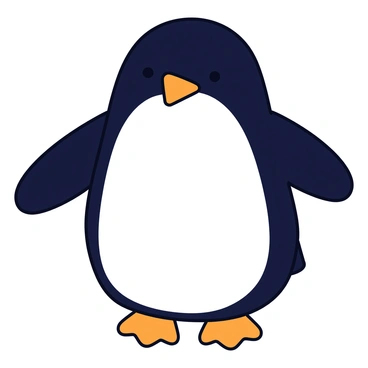 A penguin created using essential shapes like circles and triangles. The body is formed by a large oval shape, filled with a smooth black color. It has a smaller white circle for the belly. The head is a small circle with a pointed triangular beak in orange. The eyes are two small black dots, giving a simple yet expressive look. The wings are depicted as short, curved triangles on either side of the body. The penguin stands upright on a flat, white surface.