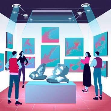 An art gallery filled with various paintings and sculptures inspired by Air Jordan sneakers. The walls are adorned with colorful canvases that highlight the iconic design elements of the sneakers, featuring bold colors, dynamic shapes, and abstract interpretations. In the center of the room, a series of sculptures represent the silhouette of the Air Jordan logo, crafted from sleek materials like metal and glass. The lighting casts dramatic shadows on the artwork, enhancing the three-dimensionality of the sculptures. Visitors in modern attire admire the pieces, engaging in discussions about the fusion of art and sneaker culture. The floor is polished wood, giving a warm contrast to the vibrant artwork displayed around the gallery.