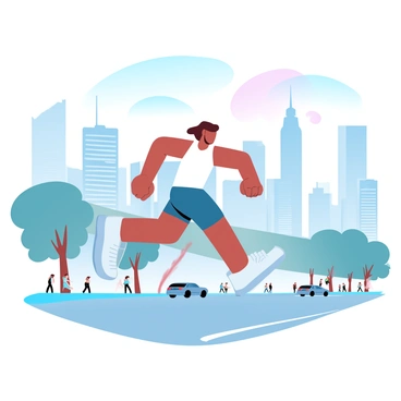 A runner is sprinting along a bustling city street. The runner has an athletic build and is wearing a fitted running outfit. Skyscrapers tower in the background, showcasing a variety of architectural designs and heights. The street is lined with trees and busy pedestrians, while some cars are moving along the road. The sky above transitions from light blue to soft pastel hues, adding a vibrant touch to the urban scene.