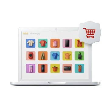 A digital storefront featuring a wide array of colorful product icons displayed in a grid layout. The product icons represent various items such as clothing, electronics, and home goods, each with vibrant colors and distinct designs. In the top right corner, there is a shopping cart icon, designed with a sleek and modern look. The cart is filled with several product icons, indicating items ready for purchase. The background is clean and minimalistic, allowing the colorful icons to stand out prominently.