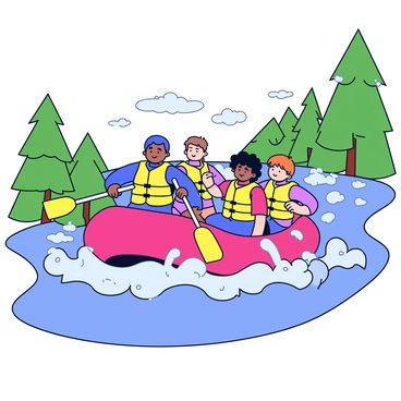 A group of adventurers wearing colorful life jackets is white-water rafting down a river filled with churning rapids. The raft is a bright red color, bouncing over the frothy waves. In the background, tall green trees line the riverbank, and splashes of water fly into the air as the raft navigates through the turbulent water. Each adventurer is gripping the oars, focused on steering the raft through the rapid-filled sections of the river. Some sunlight breaks through the clouds, adding highlights to the water’s surface.