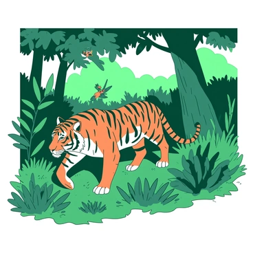 A vibrant orange tiger with black stripes is walking gracefully through a dense green jungle. The tiger's fur glistens in the dappled sunlight filtering through the leaves above. Surrounding the tiger are lush green ferns and tall grass, creating a rich environment. In the background, there are tall trees with thick trunks, and a few colorful birds can be seen perched on the branches. The scene conveys a sense of the tiger's power and presence in its natural habitat.