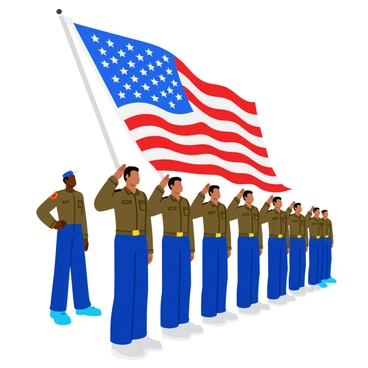 A line of soldiers in crisp uniforms standing at attention and saluting. The soldiers are arranged in a straight line with their hands raised to their brows. Behind them, a large American flag is prominently displayed, billowing in the wind. The flag features vivid red and white stripes and a blue canton with white stars, contrasting against the sky. The scene conveys a sense of respect and patriotism.