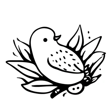 A close-up view of a baby bird with soft, downy feathers beginning to grow in. The bird is nestled among leaves and twigs, with the delicate texture of its feathers clearly visible. Tiny specks of fuzz can be seen, highlighting the transition from bare skin to soft plumage. Shadows create depth around the bird, emphasizing the contours of its small body.