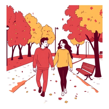 A couple is walking hand in hand through a park filled with autumn trees. The trees have vibrant leaves in shades of orange and red. Leaves are gently falling around them, creating a picturesque scene. The couple is dressed in cozy sweaters, and they share smiles as they walk along a winding path covered with a blanket of fallen leaves. In the background, there are benches and lamp posts lining the path, enhancing the romantic atmosphere.