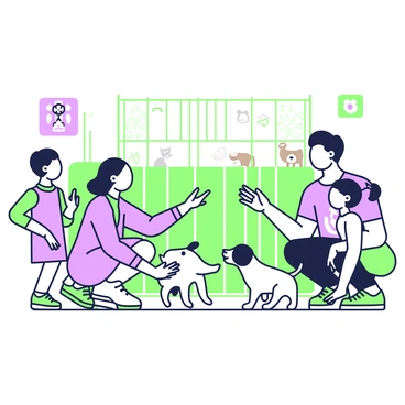 A family consisting of four members is visiting an animal shelter. The parents, a mother and a father, are crouching down in front of a puppy enclosure while two children, a boy and a girl, are eagerly peering over their shoulders. The mother has a joyful expression, extending her hand towards a small puppy with floppy ears and a wagging tail. The father is smiling, pointing at another puppy that is playfully jumping around in its pen. The children show excitement, with the boy bouncing on his toes and the girl clapping her hands. In the background, there are several other animal enclosures, and a few colorful posters about pet adoption are hanging on the walls.