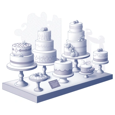 A section of a cake shop featuring a display of elaborate wedding cakes. The cakes are artistically arranged on elegant stands, showcasing intricate decorations such as detailed piping and delicate sugar flowers. Each cake has a unique design, with various tiers that rise gracefully. The background includes a soft display of wedding-themed decorations, such as lace and ribbons, enhancing the romantic atmosphere. The lighting gently illuminates the cakes, highlighting their textures and designs. A small sign beside each cake provides descriptions of the flavors and inspirations behind the creations.