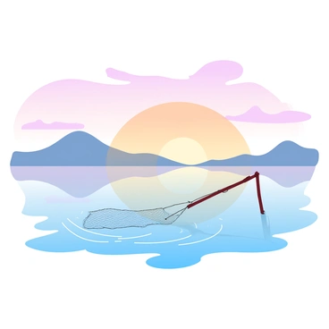 A wide view of a tranquil body of water reflecting the colors of a sunset. "Warm hues of orange, pink, and purple" fill the sky as the sun begins to dip below the horizon. An abandoned fishing net, with frayed edges and a slightly tangled structure, is partially submerged in the water. The net casts gentle ripples on the surface, creating a contrast against the smooth reflections of the sunset. Silhouettes of distant hills are faintly visible against the colorful sky, enhancing the serene atmosphere of the scene.