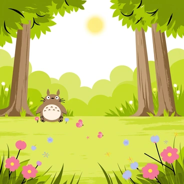 A magical forest clearing with Totoro and small forest spirits playing among the flowers.