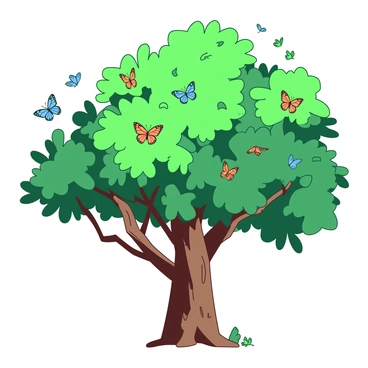 A large tree with a sturdy trunk and many branches is filled with vibrant green leaves. Among the leaves, there are numerous colorful butterflies, each resting delicately on the branches. Some of the butterflies, in hues of orange and blue, are gracefully fluttering away from the tree, leaving behind a few empty spaces among the green foliage. The scene captures the movement of the butterflies as they take flight, while others remain still, creating a dynamic yet serene atmosphere around the tree.