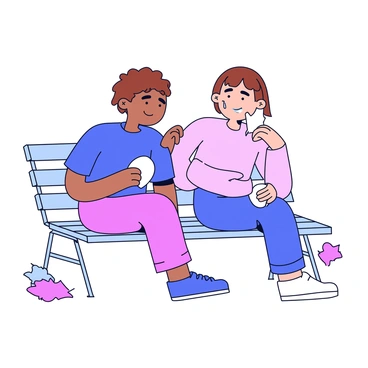 A scene shows two friends sitting on a park bench. One friend, with short brown hair, is leaning slightly towards the other, providing comfort. The upset friend has a tear on their cheek and looks at the other with a sad expression. The comforting friend is holding out a white tissue in one hand, while the other hand is gently placed on the upset friend's shoulder. Both friends are wearing casual clothing, with the comforting friend in a blue t-shirt and the upset friend in a light pink sweater. A few leaves are scattered on the ground around them.