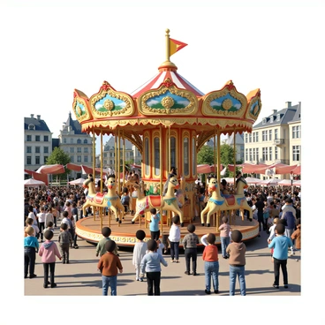 A 3D scene depicting a vintage carousel at a fair in Brussels. The carousel features intricately painted wooden horses with colorful saddles, each poised as if in motion. Surrounding the carousel, children of diverse backgrounds are joyfully riding the horses, their faces lit up with smiles and laughter. Brightly colored flags and banners flutter above the carousel, creating a festive atmosphere. The fairground is bustling with families and visitors, some enjoying cotton candy and others taking pictures, all set against a backdrop of charming, historic buildings typical of Brussels.