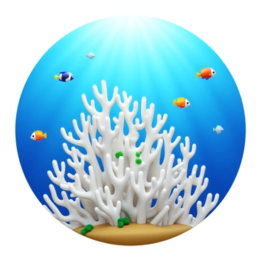 A coral reef displaying signs of bleaching, with the coral structures appearing mostly white and lifeless. Various species of fish, such as clownfish and parrotfish, are swimming around the reef, contrasting the pale corals. The background features clear blue water, with sunlight filtering through the surface above, creating a serene environment. Small patches of vibrant algae can be seen clinging to some coral, indicating areas of health amidst the bleaching.