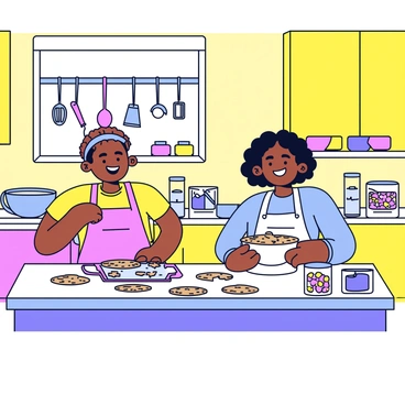 Two friends are happily baking cookies together in a colorful kitchen. One friend is mixing cookie dough in a large bowl, while the other is placing cookie shapes on a baking tray. The kitchen is bright with walls painted in a cheerful yellow and decorated with various kitchen utensils hanging on the walls. There are jars filled with colorful sprinkles and ingredients on the countertop. A window lets in sunlight, illuminating the cheerful atmosphere.