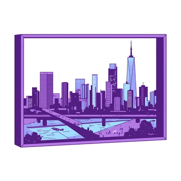A large rectangular frame is positioned in the foreground, showcasing a vibrant city skyline. The skyline is filled with tall buildings of various shapes and sizes, some with intricate architectural details. The scene is alive with activity, as tiny silhouettes of people can be seen moving along the streets below. Above the buildings, the sky transitions from a light shade to a darker hue, indicating the time of day is approaching evening. The frame itself is made of a simple, neutral material, emphasizing the lively view of the city beyond.
