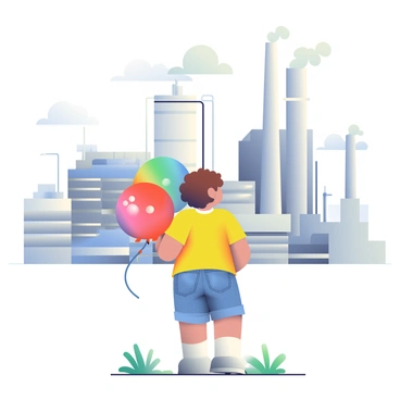 A child with curly brown hair is standing in an industrial landscape. The child is wearing a bright yellow t-shirt and denim shorts. In their right hand, they are holding a large, colorful balloon that has red, blue, and green patterns. The background features several large factory buildings with smoke rising from their chimneys. There are metallic structures and pipes visible, creating a contrast with the vibrant colors of the balloon. The ground is made of grey concrete, and there are patches of grass peeking through in some areas.