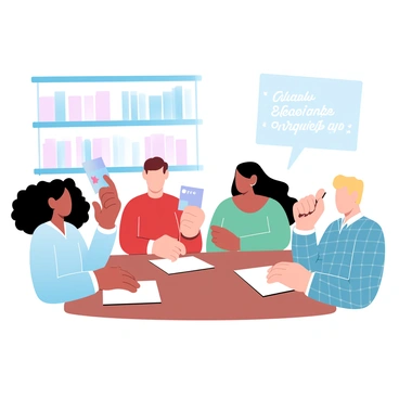 A group of four students is sitting around a wooden table, each holding colorful flashcards. One student is a girl with curly black hair, wearing a light blue shirt, enthusiastically showing a flashcard. Another student is a boy with straight brown hair, dressed in a red sweater, eagerly pointing at his card. A third student, a girl with long straight black hair wearing a green top, is leaning in to listen. The fourth student, a boy with short blonde hair in a plaid shirt, is taking notes on a notepad. In the background, there are shelves filled with books and a large poster displaying language learning tips.