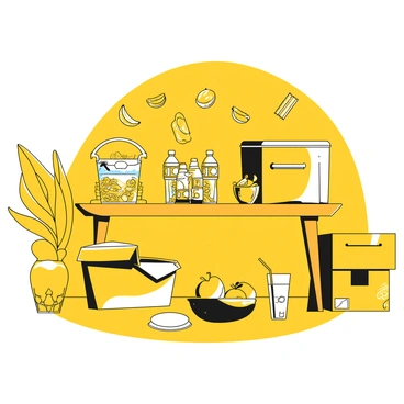 A table set up with a variety of quick snacks and beverages. On the table, there are neatly arranged bags of chips, granola bars, and fruit snacks. A cooler filled with bottled water and soft drinks sits at one end. Next to the snacks, there are paper plates and napkins ready for use. A few apples and bananas are placed in a bowl for easy access. The table is situated in a room with moving boxes scattered around, indicating a busy moving day.