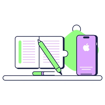 A study table is set with a smartphone placed to the right. Next to the smartphone, there is an open journal with visible lines on its pages. A green pen rests diagonally across the journal, partially on the pages. The table has a smooth surface, and the background is softly blurred to enhance the focus on the items present.