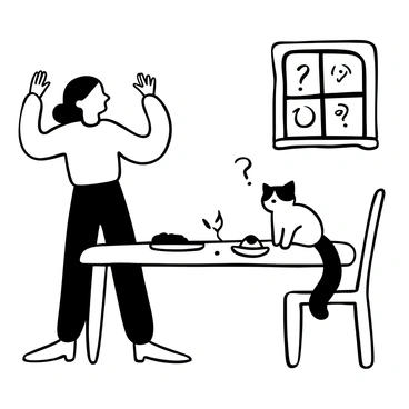 A woman with long hair standing at a dining table, her hands raised as if shouting. A confused cat with fluffy fur sitting on the table, gazing at her with a tilted head. Plates and utensils are scattered across the table, with a half-eaten meal visible. A chair is slightly pushed back, indicating recent movement. The room has a warm atmosphere with a window showing a hint of abstract frames.