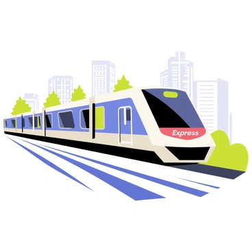 An illustration of a metro train labeled as "Express Line" speeding along a track. The train has a sleek, aerodynamic design with a bright blue and silver exterior. The background features blurred scenery of green trees and city buildings, emphasizing the train's speed. The train's windows reflect the light, and there are dynamic motion lines behind it to convey movement.