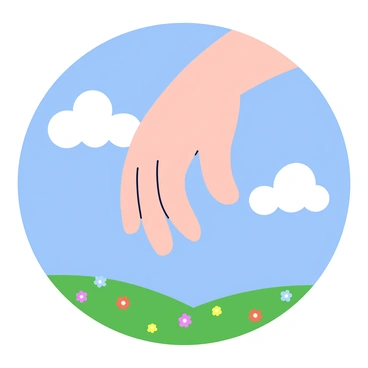 A large hand with a smooth, soft appearance is extending down from a bright blue sky. The hand has an open palm as it reaches towards the earth below. In the background, fluffy, white clouds drift peacefully. Below the hand, lush green fields spread out, dotted with colorful flowers. The scene conveys a sense of nurturing and connection between the sky and the earth.