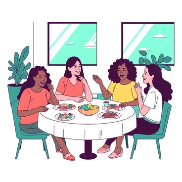 A group of five friends is sitting at a round table in a modern café. The table is covered with a white tablecloth, and there are colorful plates filled with various dishes like salads and sandwiches. The friends are engaging in animated conversation, with smiles on their faces. The café has large windows that let in bright sunlight, illuminating the scene. Plants in teal pots are placed around the café, adding a fresh touch. One friend is gesturing excitedly while another takes a sip from a teal beverage. The atmosphere feels lively and inviting, capturing the essence of a vibrant Wednesday afternoon.