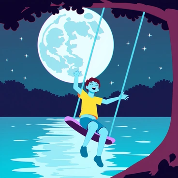 A child swinging on a rope swing under a moonlit sky, over a shimmering lake