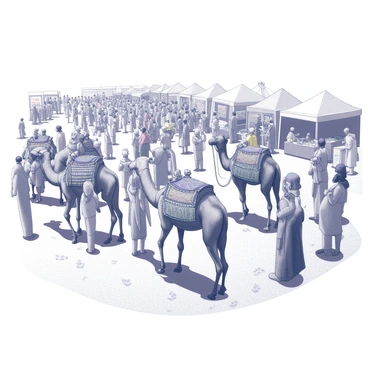 A crowded scene at the Pushkar Camel Fair. Numerous camels are present, some are adorned with decorative saddles and vibrant accessories. Traders are engaged in lively discussions, displaying various goods such as textiles and jewelry. Stalls are set up with colorful banners, creating an atmosphere of commerce and interaction. People of different ages and backgrounds are involved, some are negotiating prices while others are observing the camels. Tents are scattered around, providing spaces for rest and socializing. The ground is sandy, with footprints indicating the hustle and bustle of the fair.