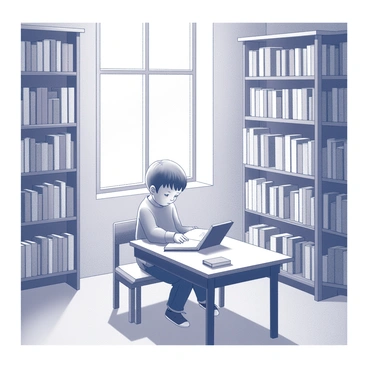 A library interior with tall bookshelves lined with numerous books. In the center, a child is seated at a wooden table, completely focused on reading a large book. The child has short hair and is wearing a comfortable sweater. Soft light filters through a nearby window, casting gentle shadows. A few scattered books are placed on the table, and there are cushioned chairs nearby. The atmosphere feels quiet and inviting, creating a perfect environment for reading.
