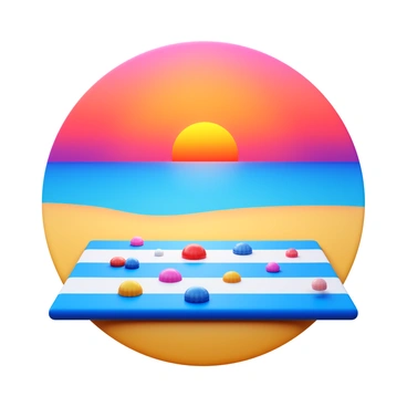 A beach-themed mat placed on soft sand. The mat features a variety of colorful seashells scattered across its surface. In the background, a vibrant sunset casts warm hues of orange, pink, and purple across the sky. The sun is partially below the horizon, creating a beautiful gradient effect. Waves gently lap at the shore, adding to the serene beach atmosphere.
