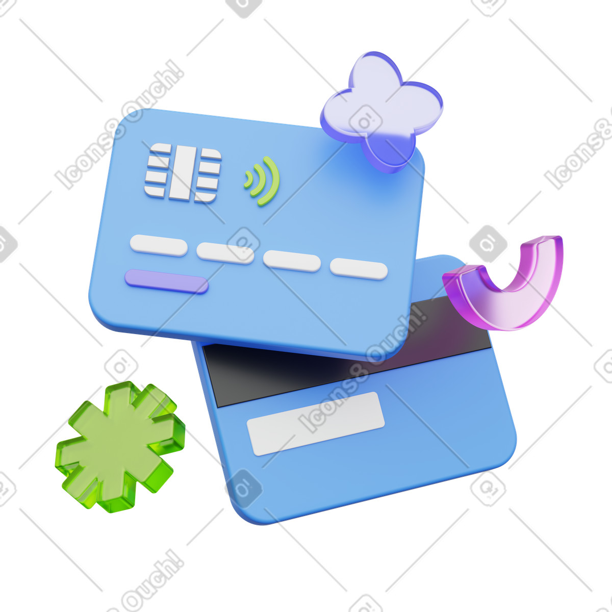 Bank cards with bonuses, rewards and loyalty program illustration in 3D Playful style download in PNG, SVG