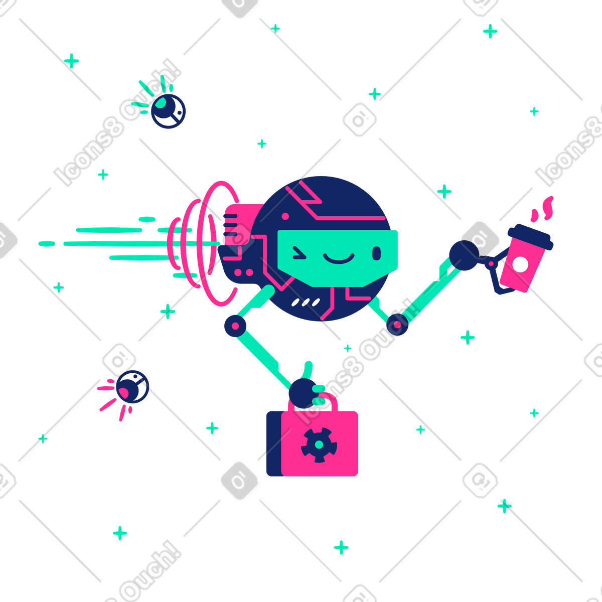 Robot worker flies to work with a coffee, drones and bag illustration in Cyborg style download in PNG, SVG