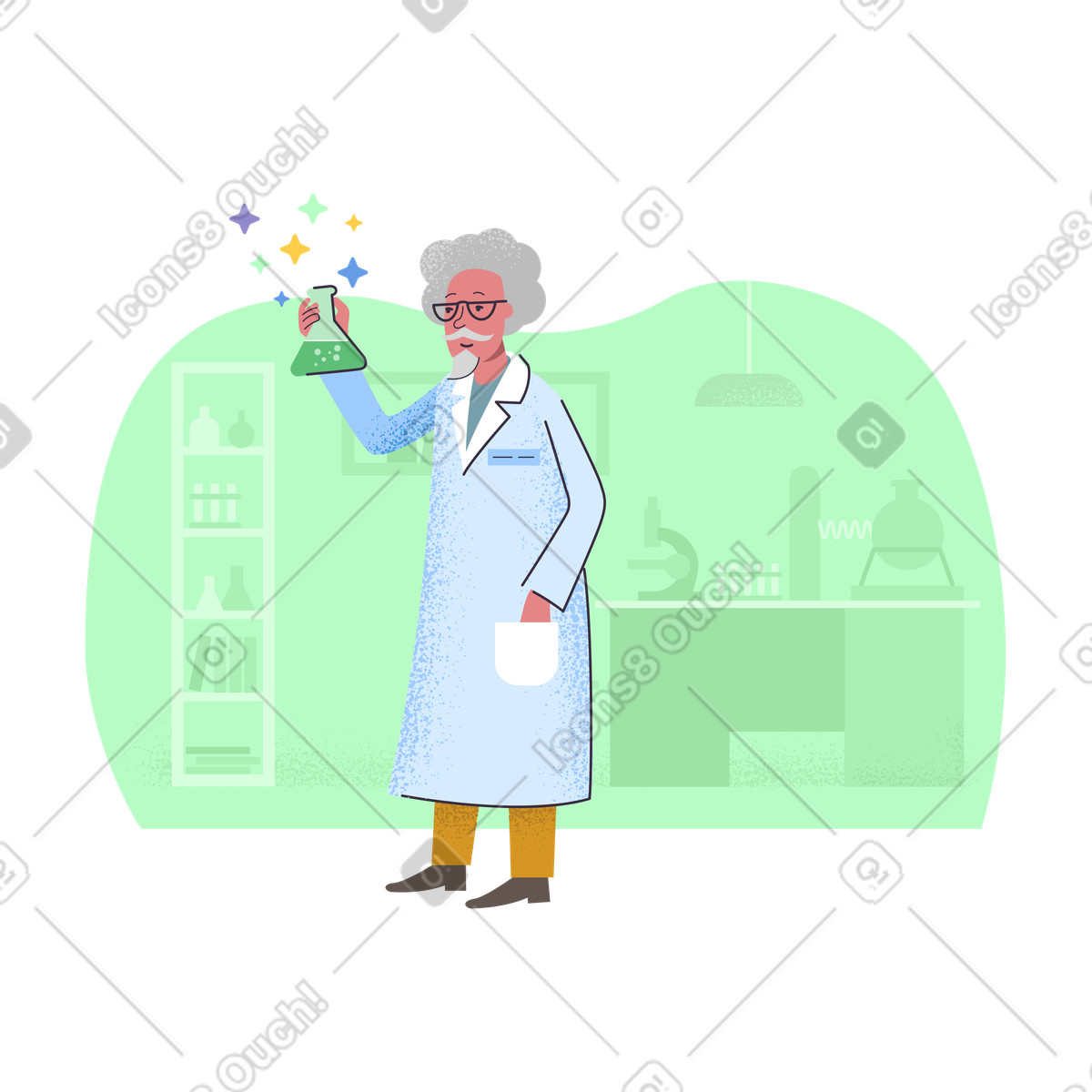 Elderly male scientist holding a science flask illustration clipart images collection