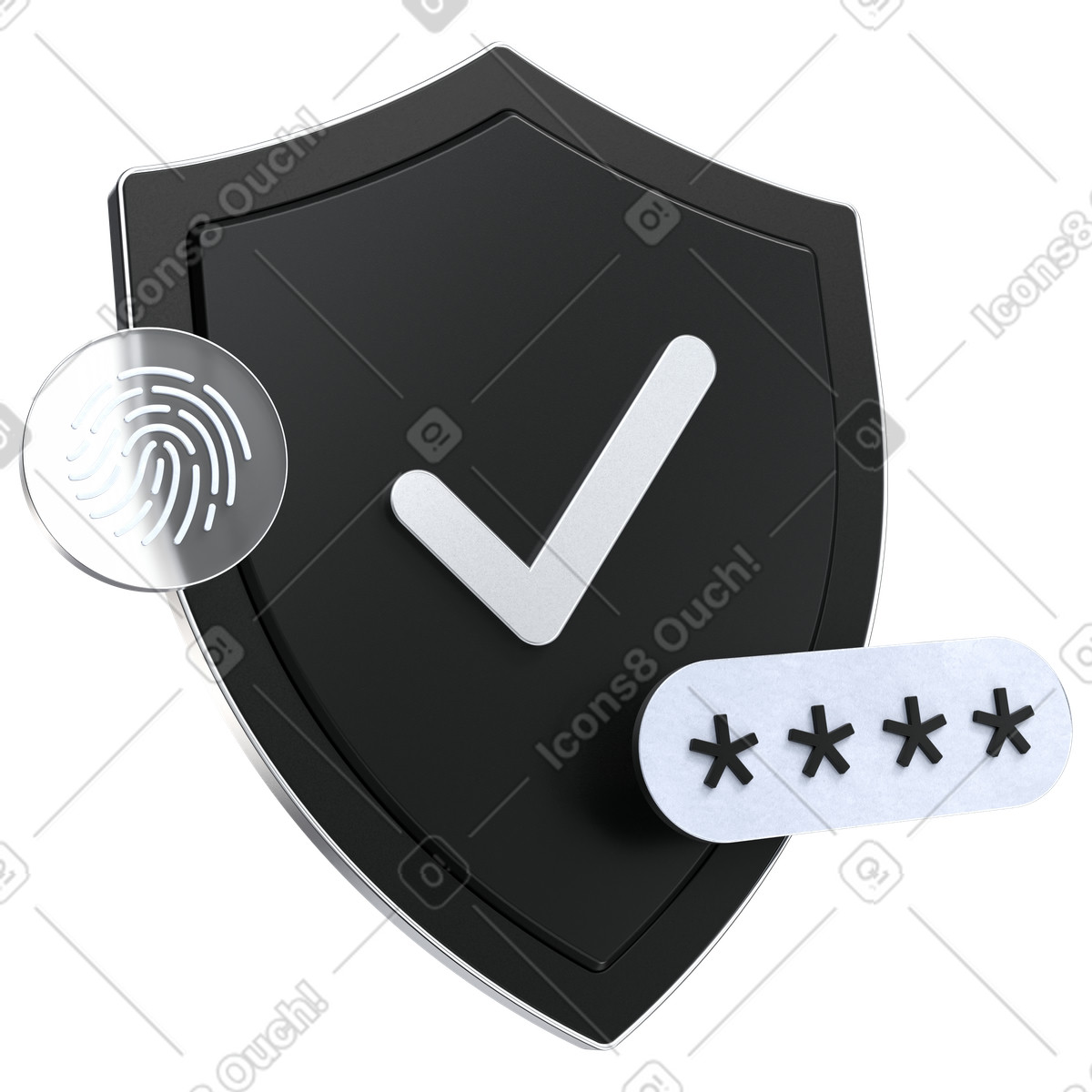 Cybersecurity protection shield, Biometric authentication system, Secure password access illustration in 3D Pro style download in PNG, SVG