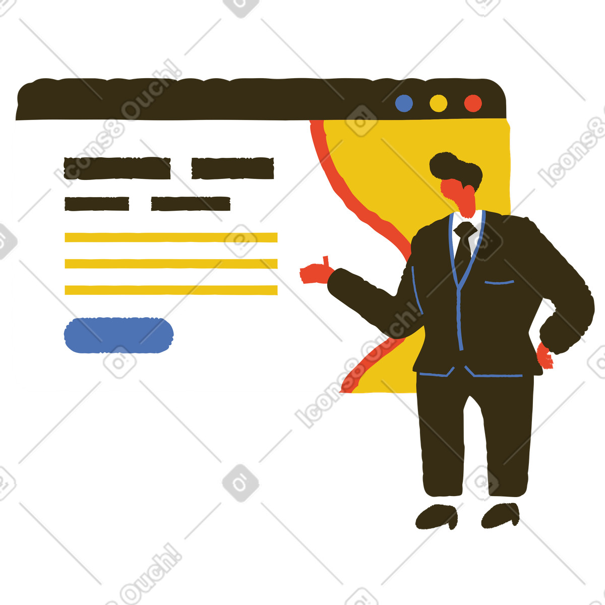 Uomo d'affari in giacca e cravatta che presenta il progetto del sito web illustrazione stile Bermuda scarica PNG, SVG