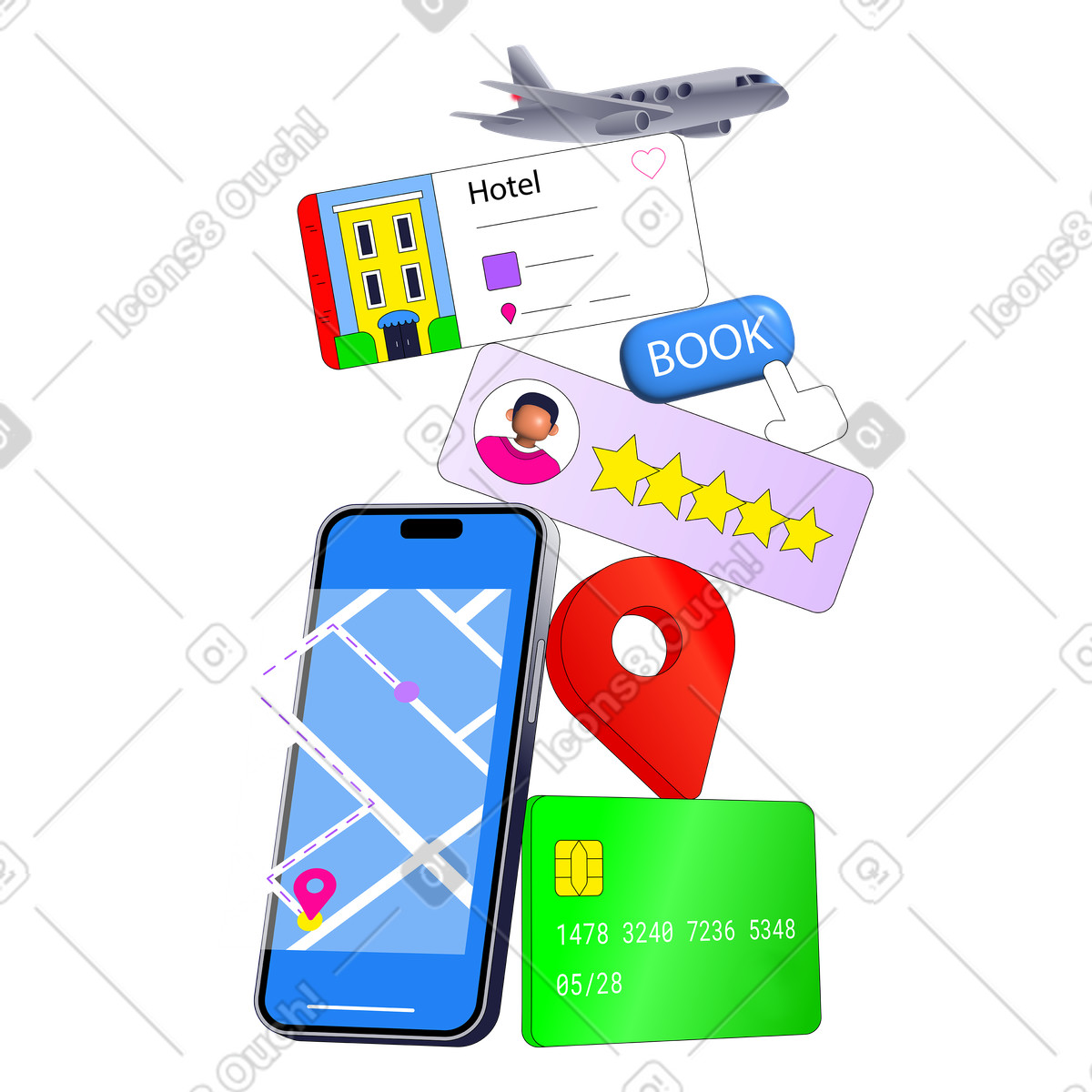 Иллюстрация Travel planning with flight ticket and hotel booking в стиле Pop — скачать в форматах PNG, SVG