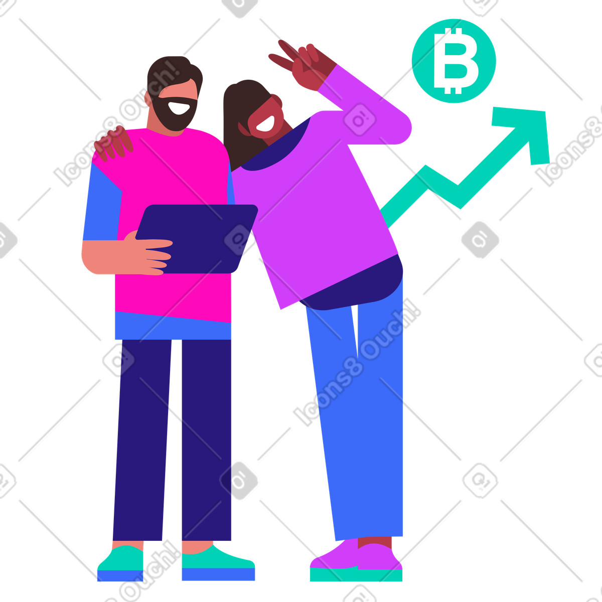 Team members smiling at bitcoin price increase illustration in PNG, SVG