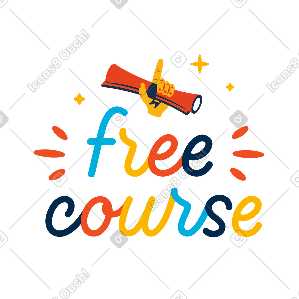 Ilustración Curso gratis de lettering con diploma en mano. estilo Flame a descargar PNG y SVG