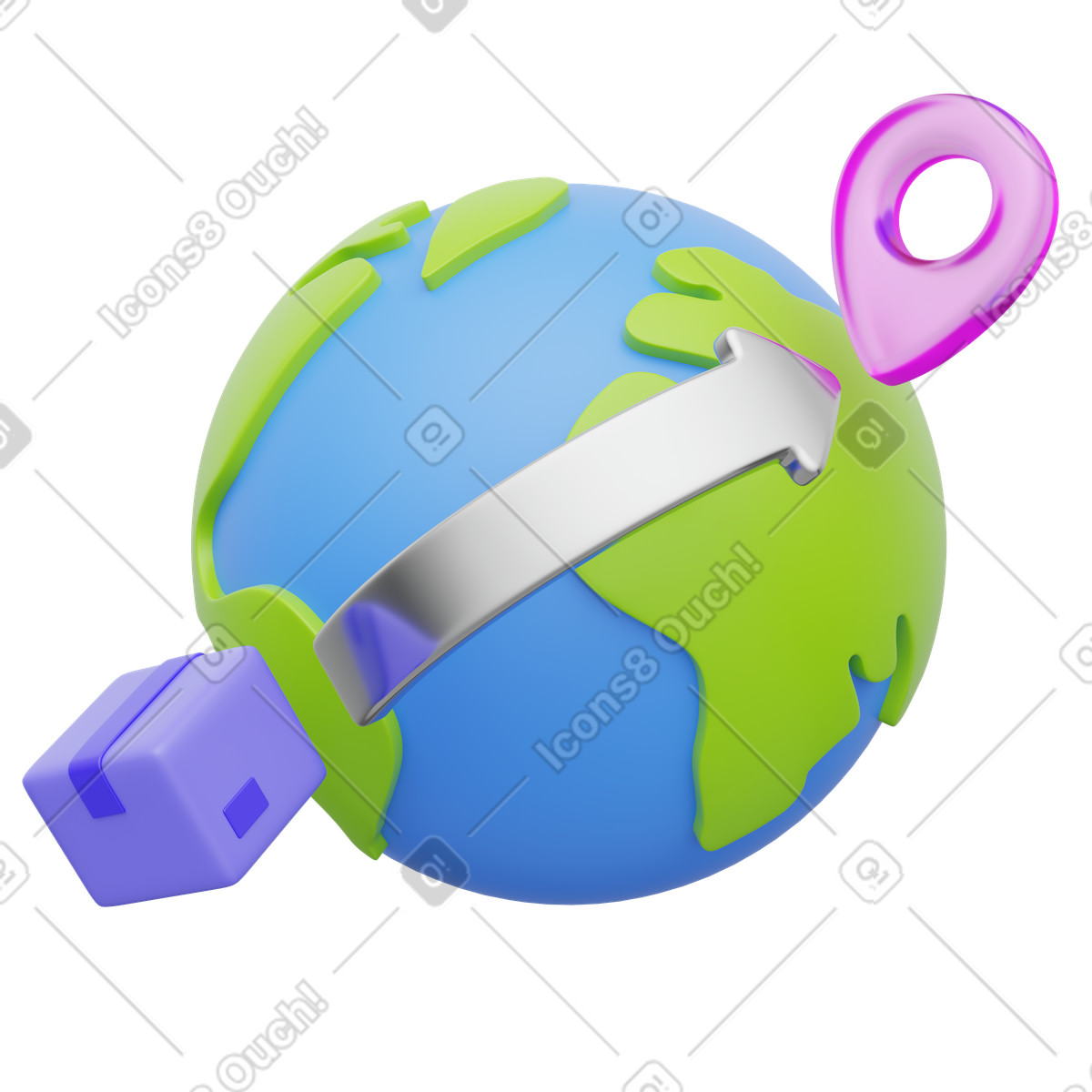 3D Playful スタイルの World parcel tracking, Global delivery path, Map pin logistics のイラストをPNG、SVG形式でダウンロード
